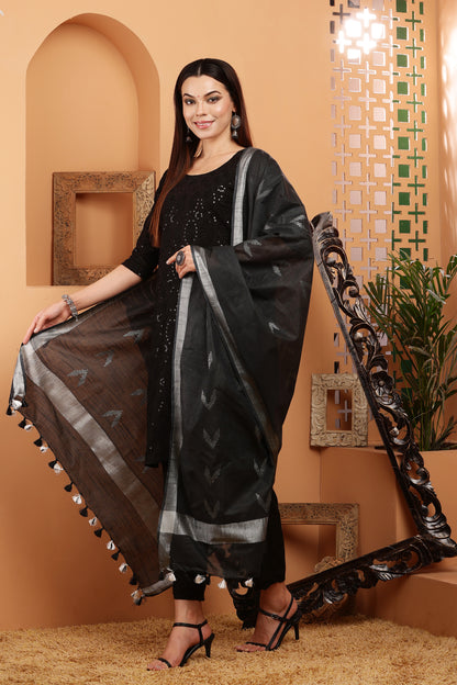Dupatta -Cotton Ikkat Buta -Black