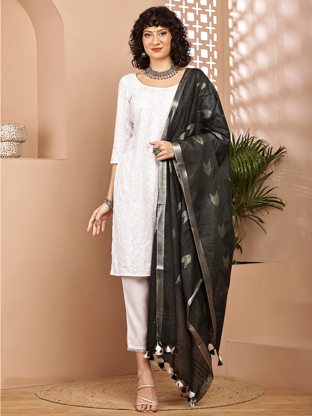 Dupatta-Cotton Zari Ikkat Buta - Black