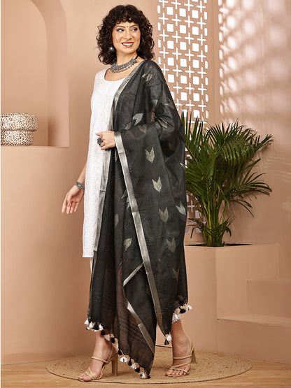 Dupatta-Cotton Zari Ikkat Buta - Black