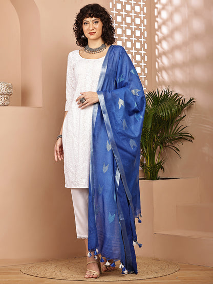 Dupatta-Cotton Zari Ikkat Buta - Blue