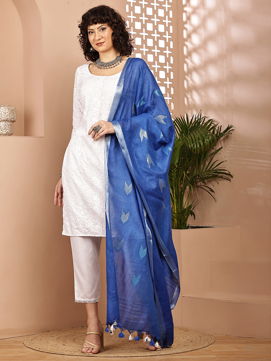 Dupatta-Cotton Zari Ikkat Buta - Blue