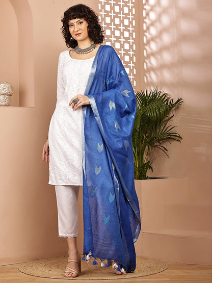 Dupatta-Cotton Zari Ikkat Buta - Blue