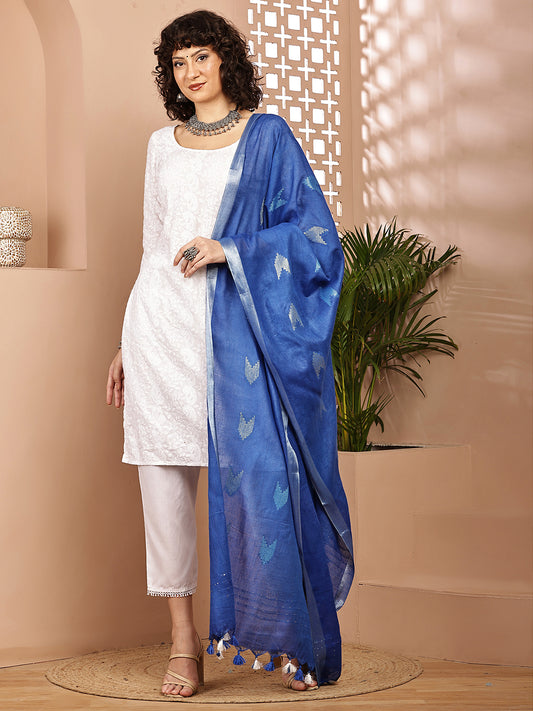 Dupatta-Cotton Zari Ikkat Buta - Blue