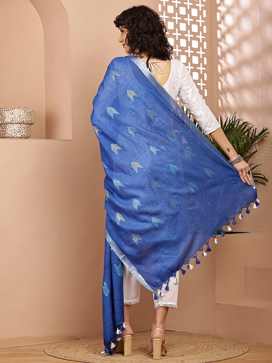 Dupatta-Cotton Zari Ikkat Buta - Blue