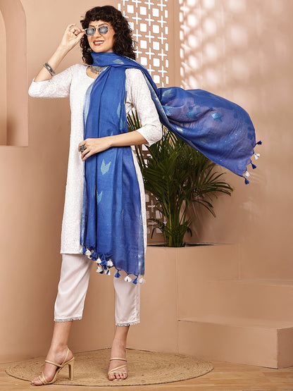 Dupatta-Cotton Zari Ikkat Buta - Blue