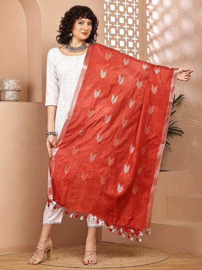 Dupatta-Cotton Zari Ikkat Buta - Red