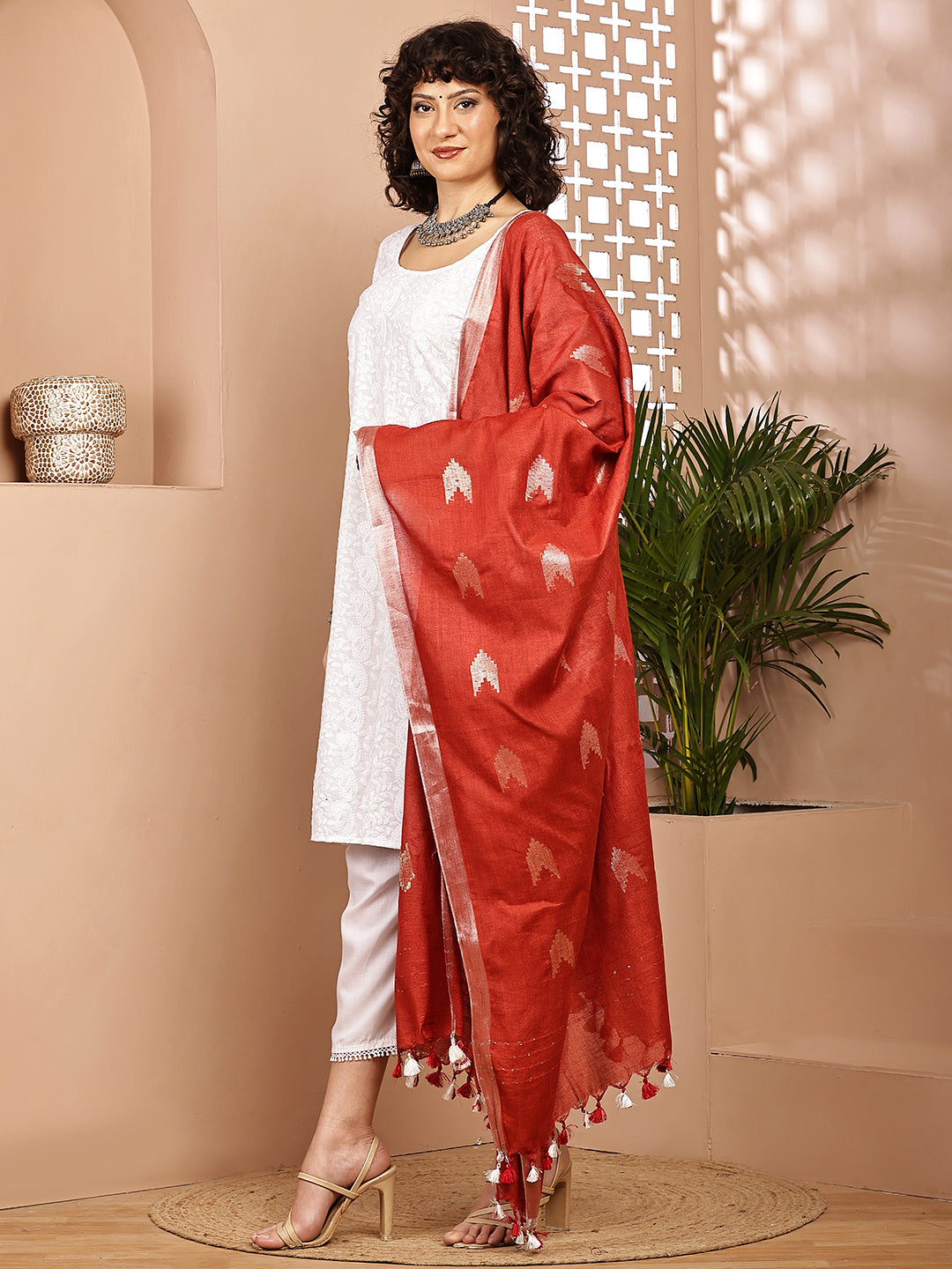 Dupatta-Cotton Zari Ikkat Buta - Red