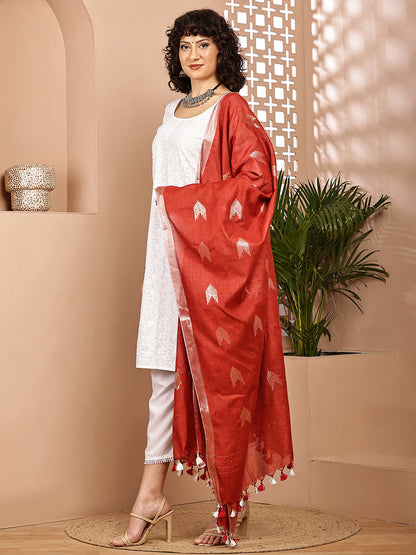 Dupatta-Cotton Zari Ikkat Buta - Red