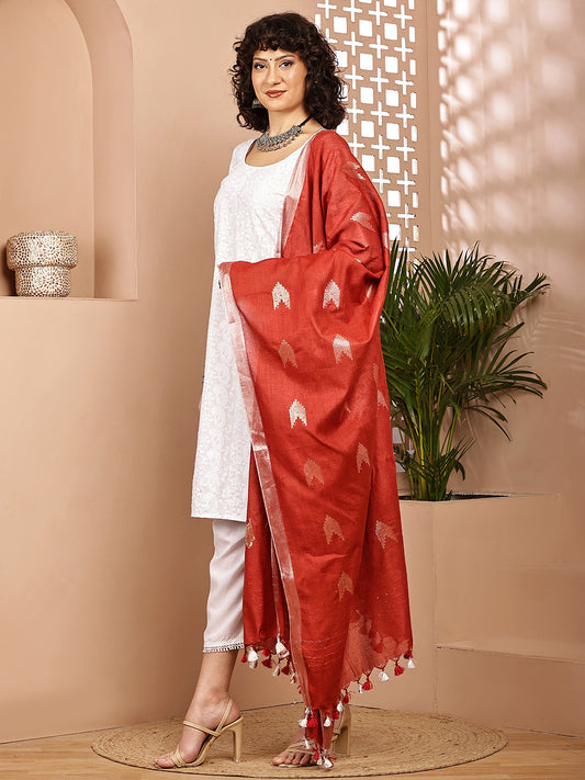 Dupatta-Cotton Zari Ikkat Buta - Red