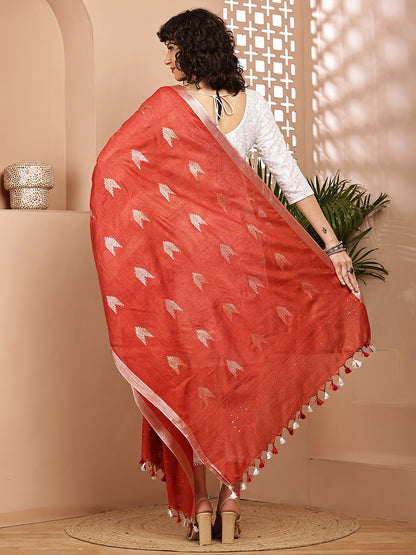 Dupatta-Cotton Zari Ikkat Buta - Red