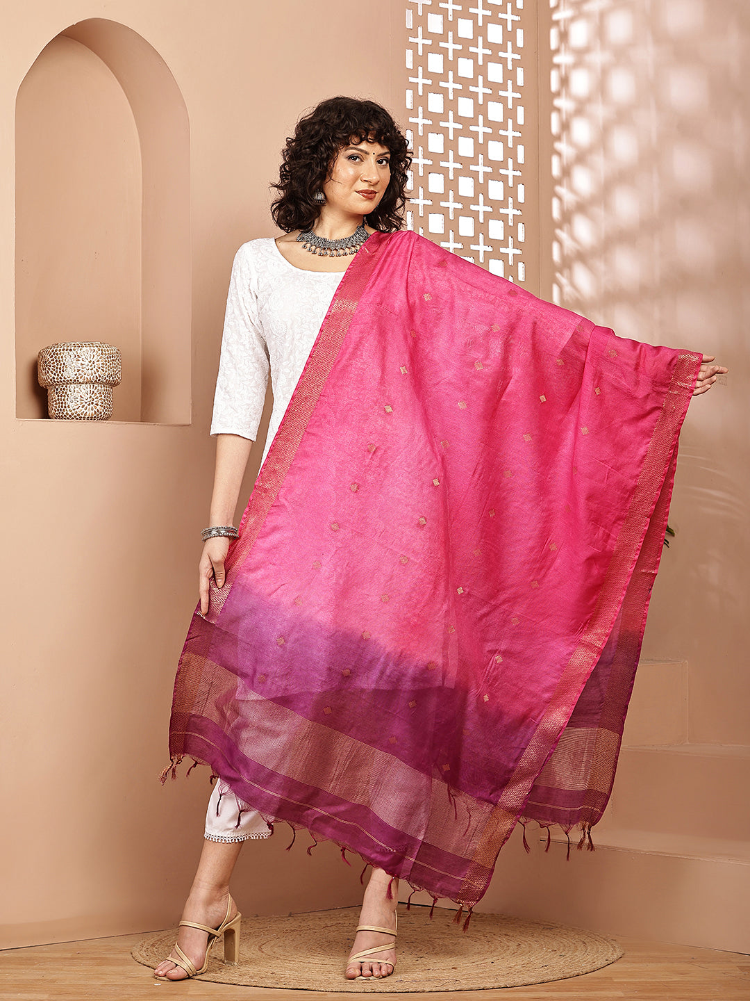 Dupatta-Cotton Silk - Gold Zari Buti-Purple+Pink