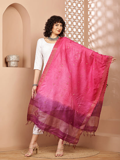 Dupatta-Cotton Silk - Gold Zari Buti-Purple+Pink