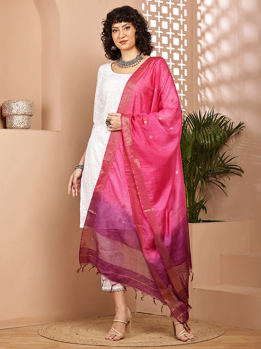Dupatta-Cotton Silk - Gold Zari Buti-Purple+Pink