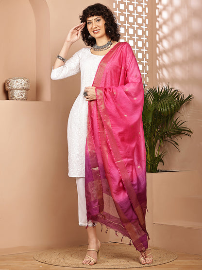Dupatta-Cotton Silk - Gold Zari Buti-Purple+Pink