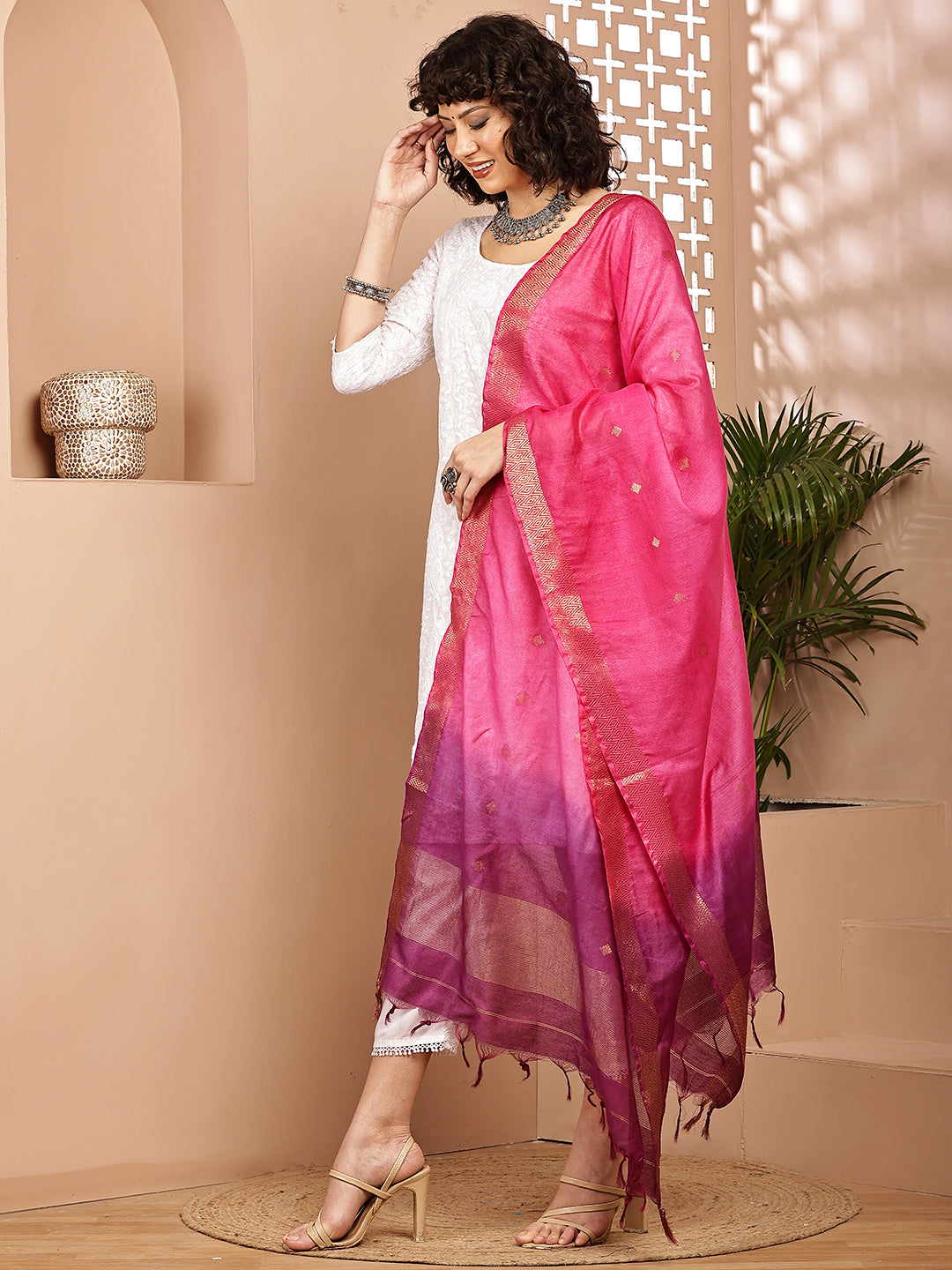 Dupatta-Cotton Silk - Gold Zari Buti-Purple+Pink