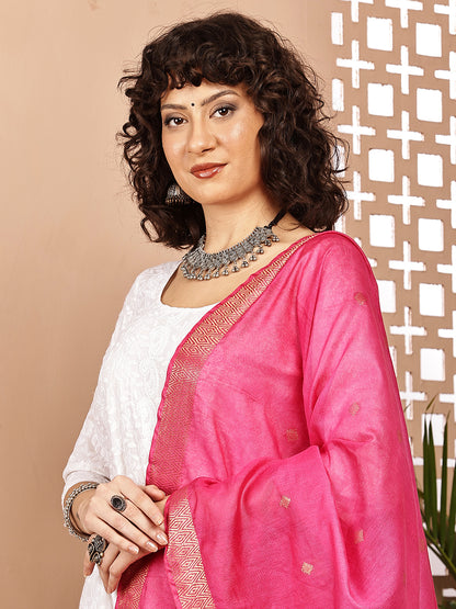 Dupatta-Cotton Silk - Gold Zari Buti-Purple+Pink
