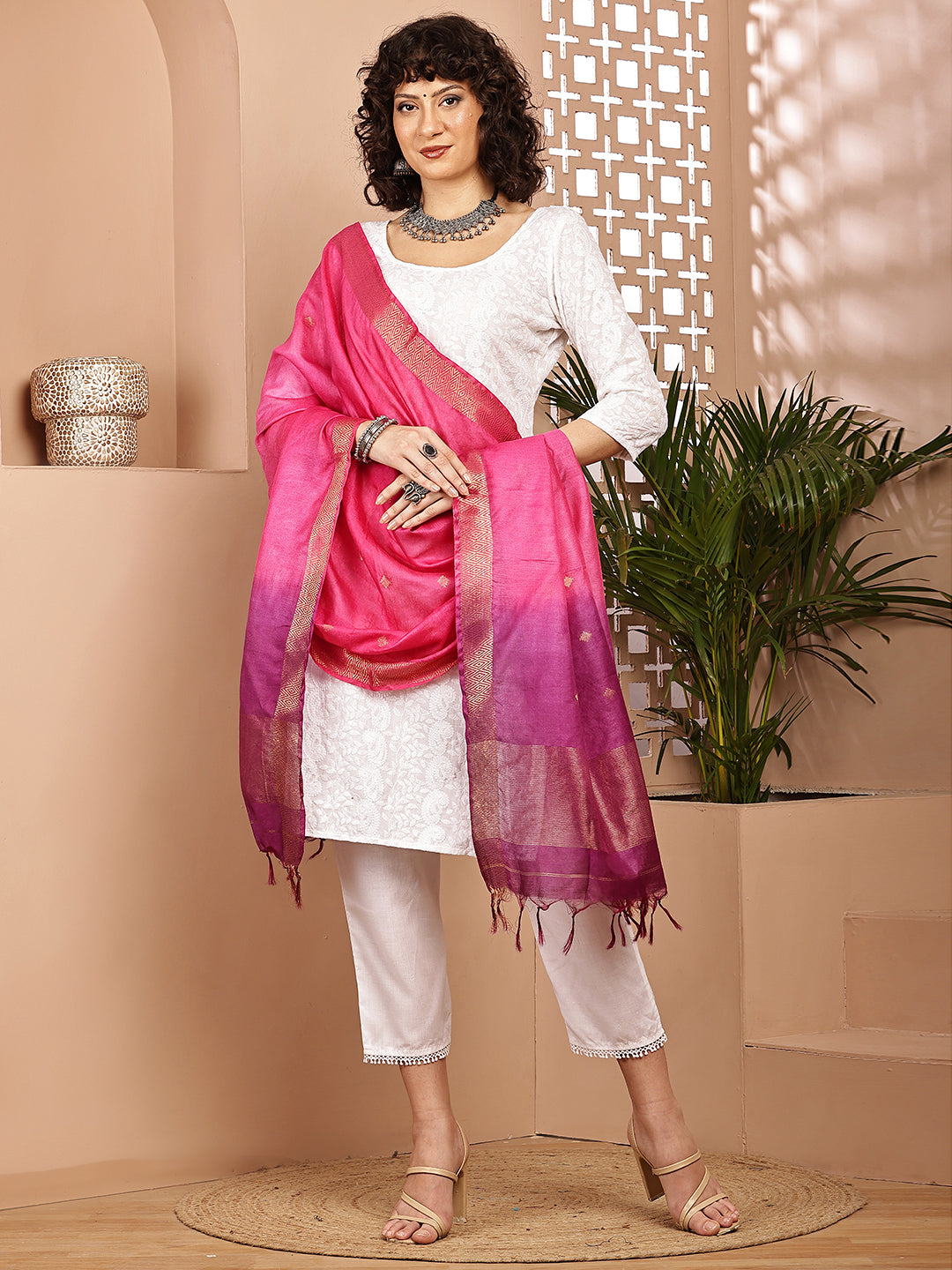 Dupatta-Cotton Silk - Gold Zari Buti-Purple+Pink