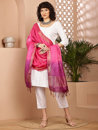 Dupatta-Cotton Silk - Gold Zari Buti-Purple+Pink