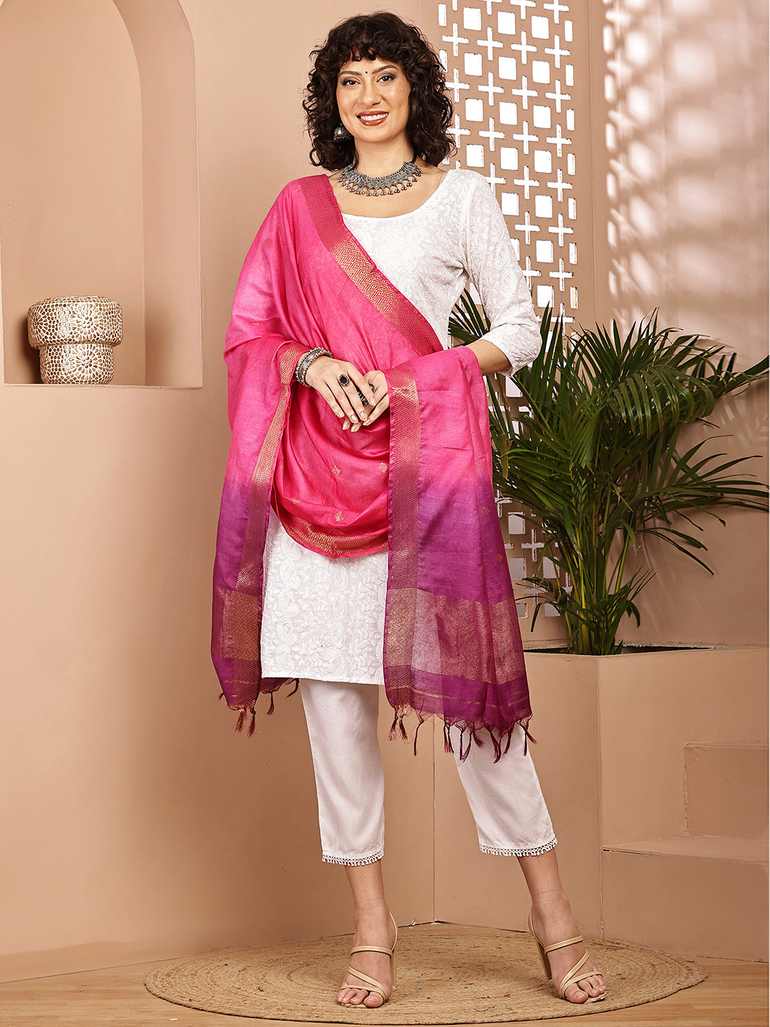 Dupatta-Cotton Silk - Gold Zari Buti-Purple+Pink