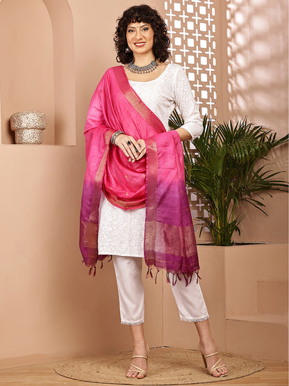 Dupatta-Cotton Silk - Gold Zari Buti-Purple+Pink