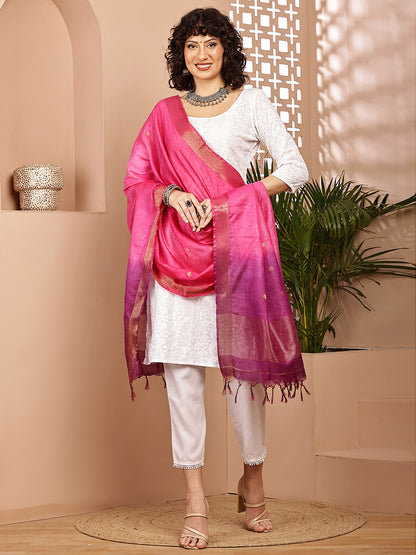 Dupatta-Cotton Silk - Gold Zari Buti-Purple+Pink