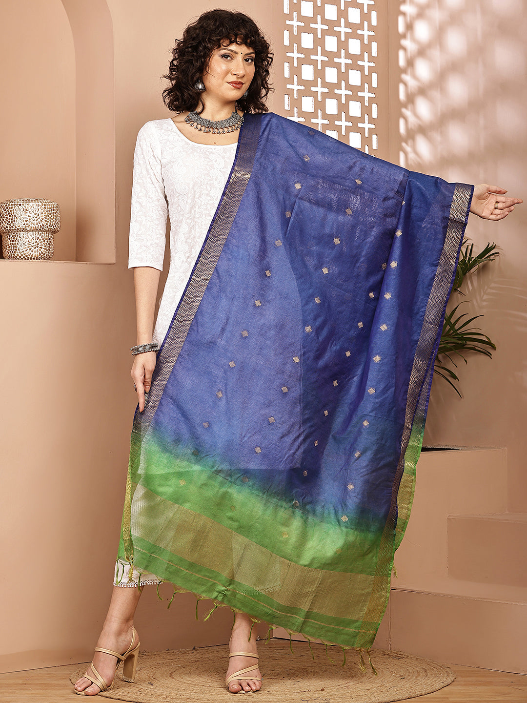 Dupatta-Cotton Silk - Gold Zari Buti-Green+Blue