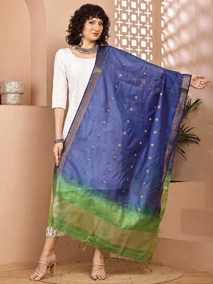 Dupatta-Cotton Silk - Gold Zari Buti-Green+Blue