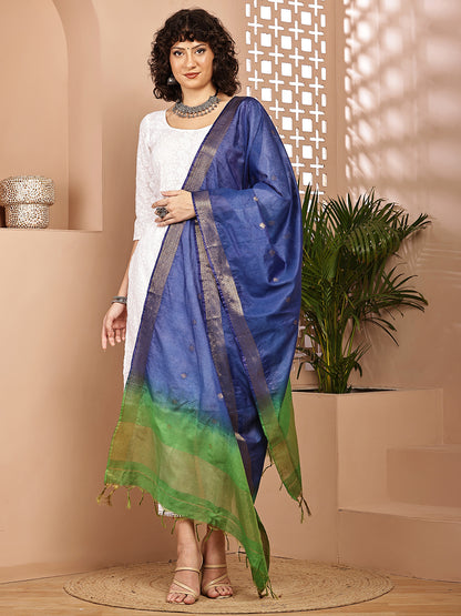 Dupatta-Cotton Silk - Gold Zari Buti-Green+Blue