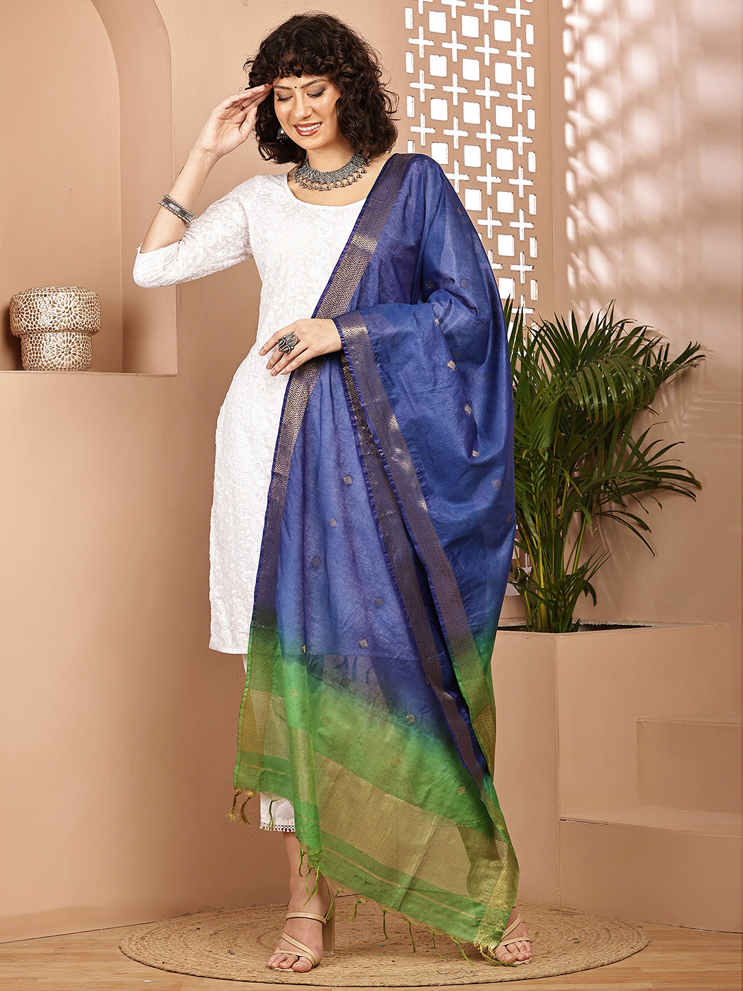 Dupatta-Cotton Silk - Gold Zari Buti-Green+Blue