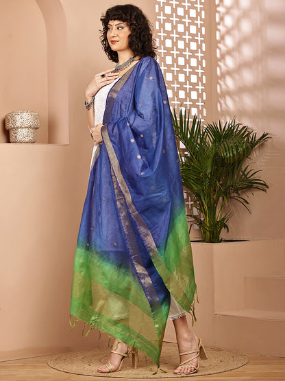 Dupatta-Cotton Silk - Gold Zari Buti-Green+Blue