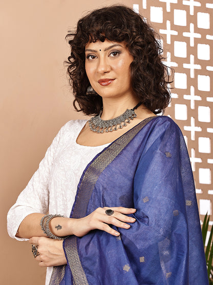 Dupatta-Cotton Silk - Gold Zari Buti-Green+Blue