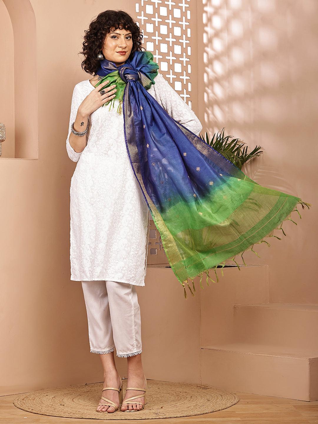 Dupatta-Cotton Silk - Gold Zari Buti-Green+Blue