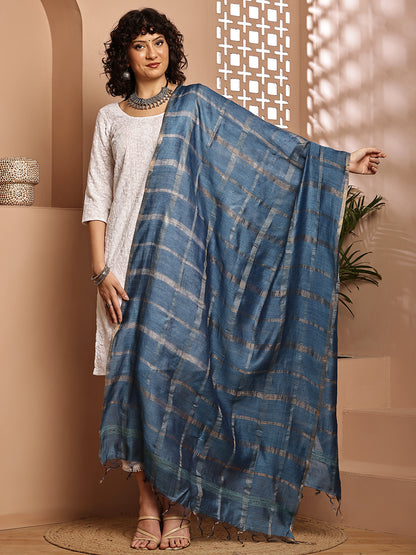 Dupatta- Muga- Indigo Zari Check