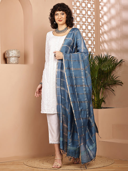 Dupatta- Muga- Indigo Zari Check