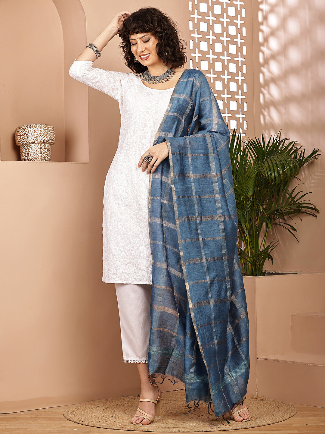 Dupatta- Muga- Indigo Zari Check