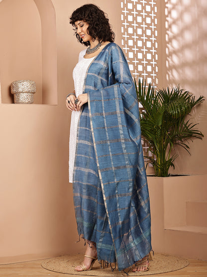Dupatta- Muga- Indigo Zari Check