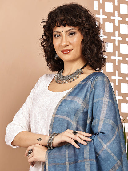 Dupatta- Muga- Indigo Zari Check