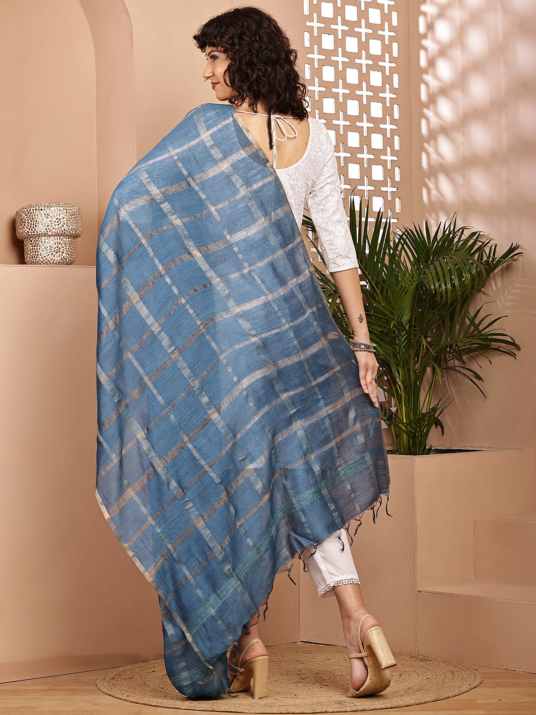 Dupatta- Muga- Indigo Zari Check