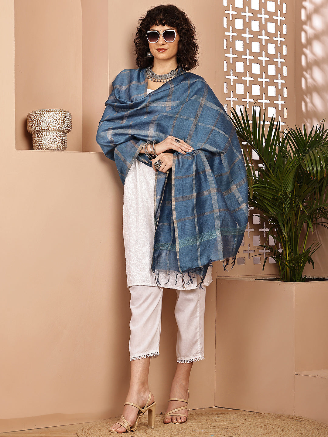 Dupatta- Muga- Indigo Zari Check
