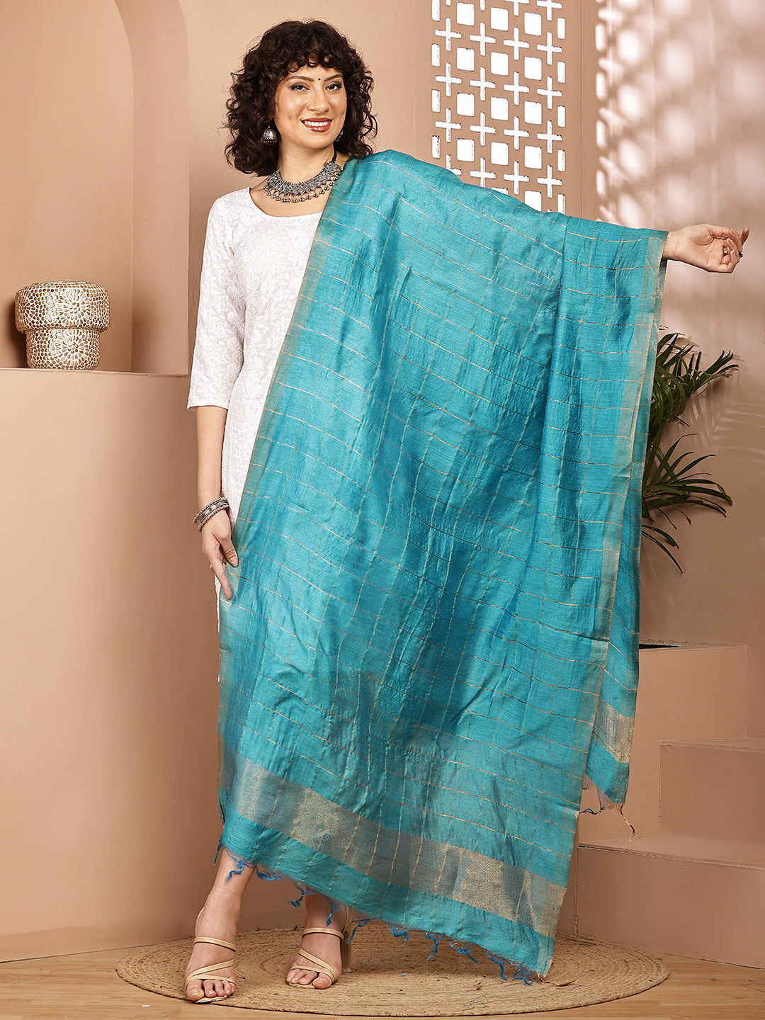 Dupatta- Muga- Turquoise Blue Zari Check