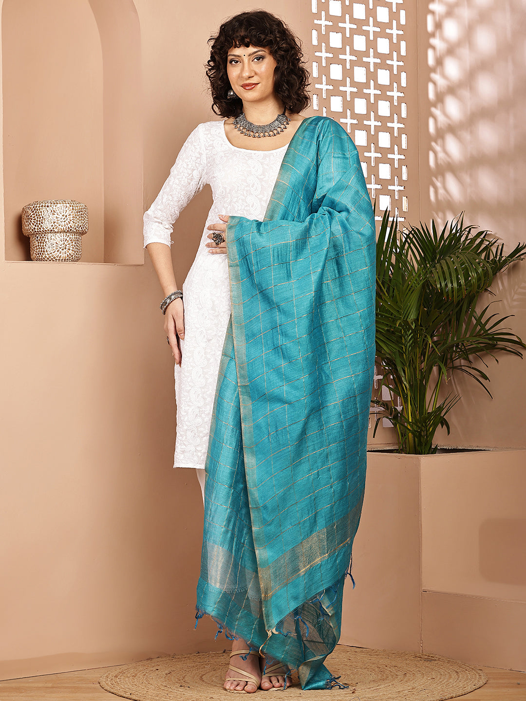 Dupatta- Muga- Turquoise Blue Zari Check