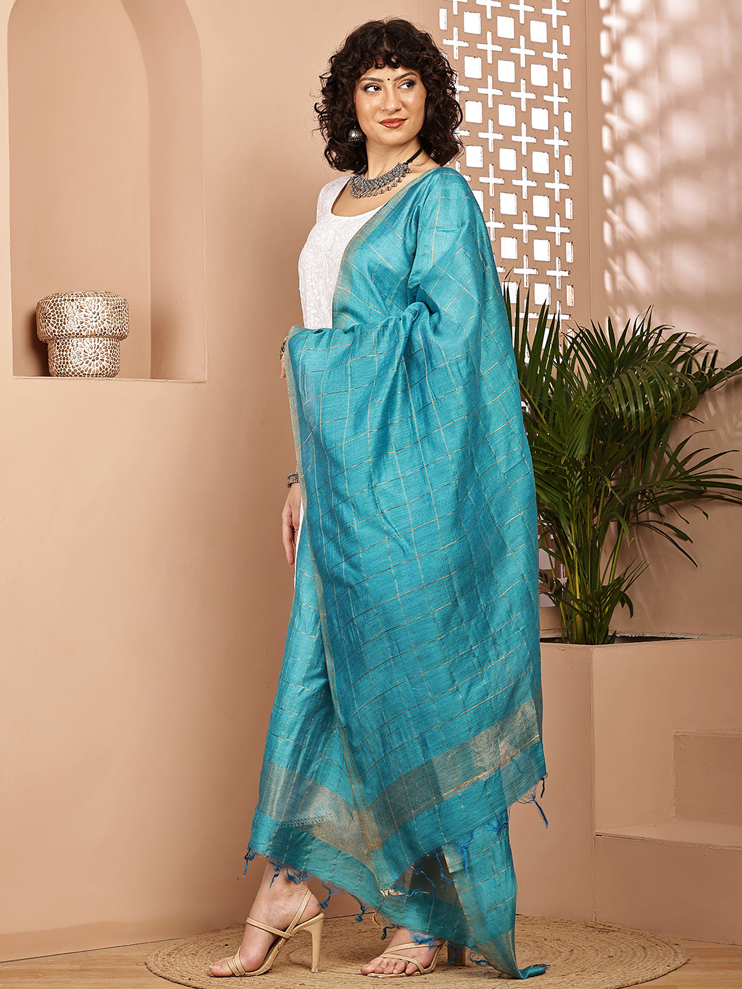 Dupatta- Muga- Turquoise Blue Zari Check