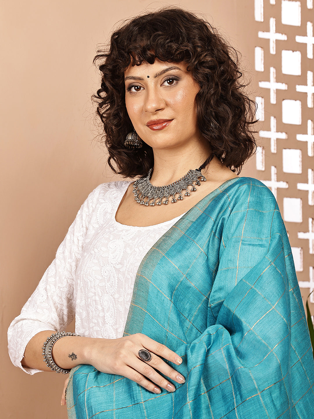 Dupatta- Muga- Turquoise Blue Zari Check