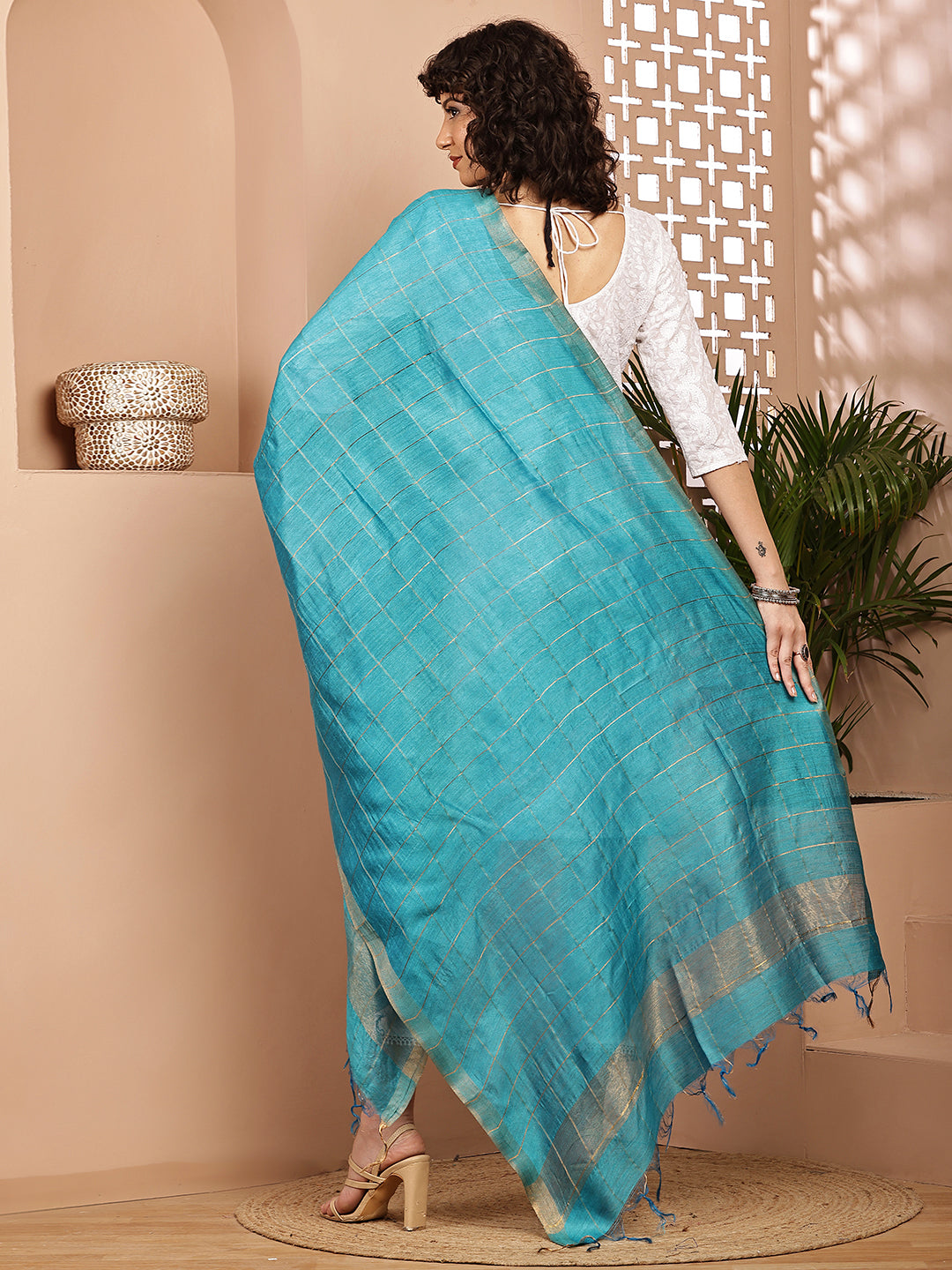 Dupatta- Muga- Turquoise Blue Zari Check