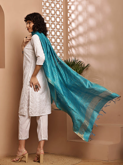 Dupatta- Muga- Turquoise Blue Zari Check