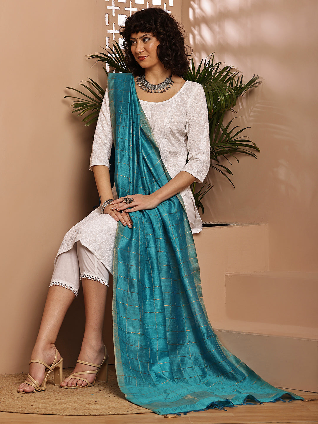 Dupatta- Muga- Turquoise Blue Zari Check