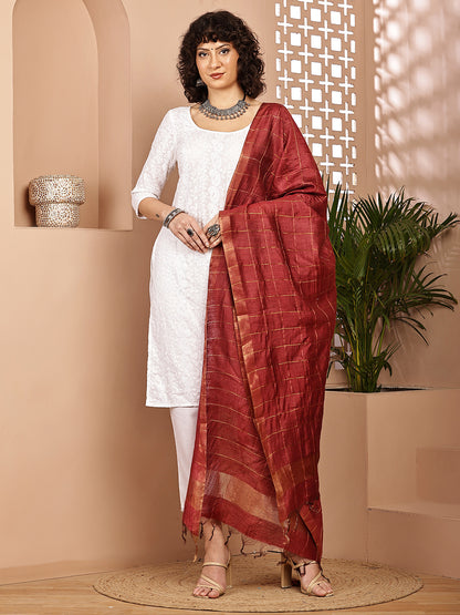 Dupatta- Muga- Brick Red Zari Check