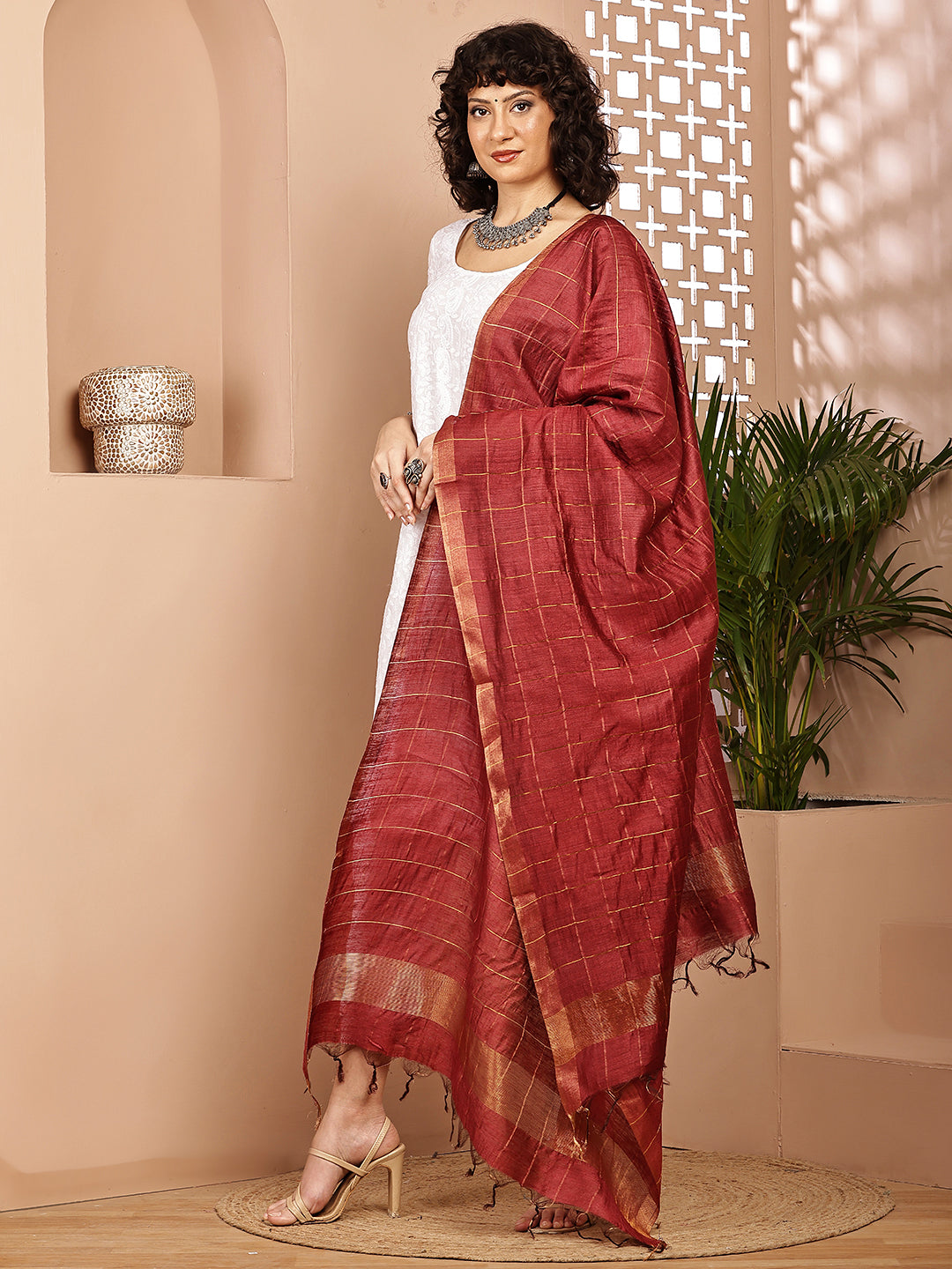 Dupatta- Muga- Brick Red Zari Check