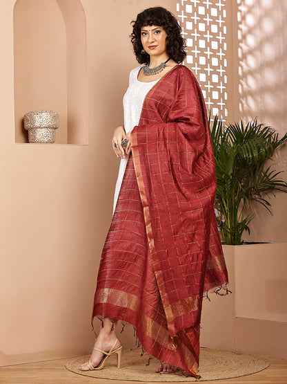 Dupatta- Muga- Brick Red Zari Check