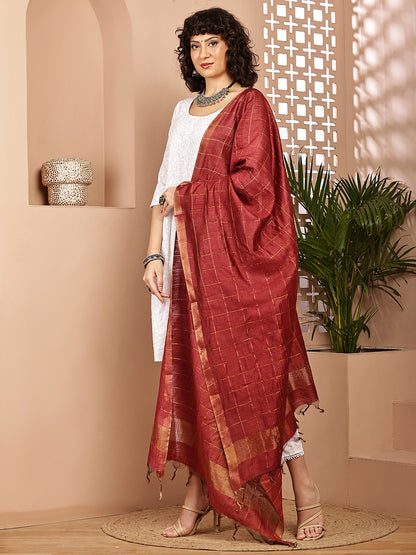 Dupatta- Muga- Brick Red Zari Check